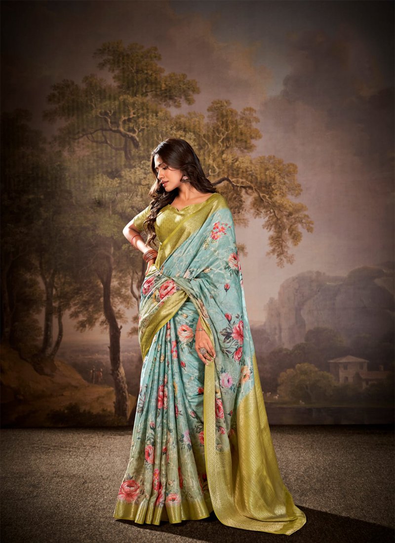 Elegant floral printed cotton silk saree in blue