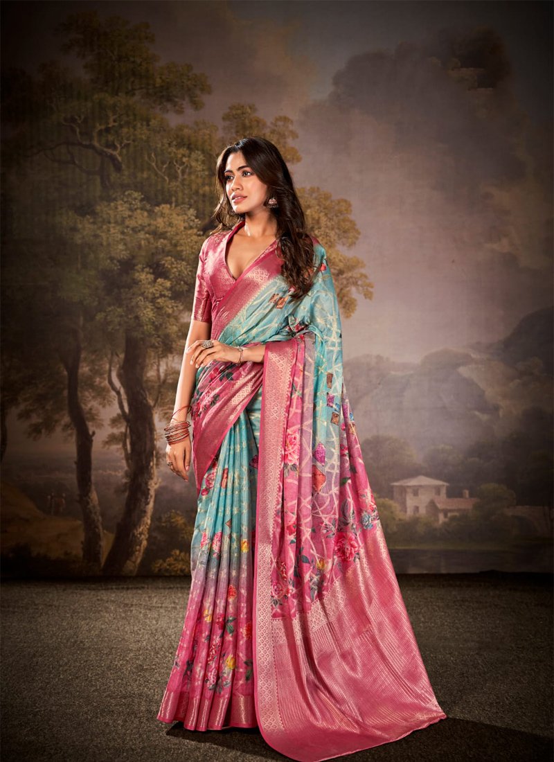 Elegant floral digital printed cotton silk saree in pink