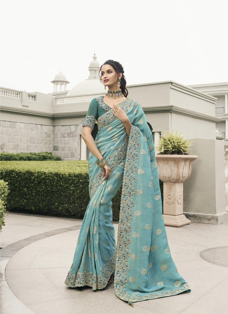 Stylish zari woven tissue silk saree in blue