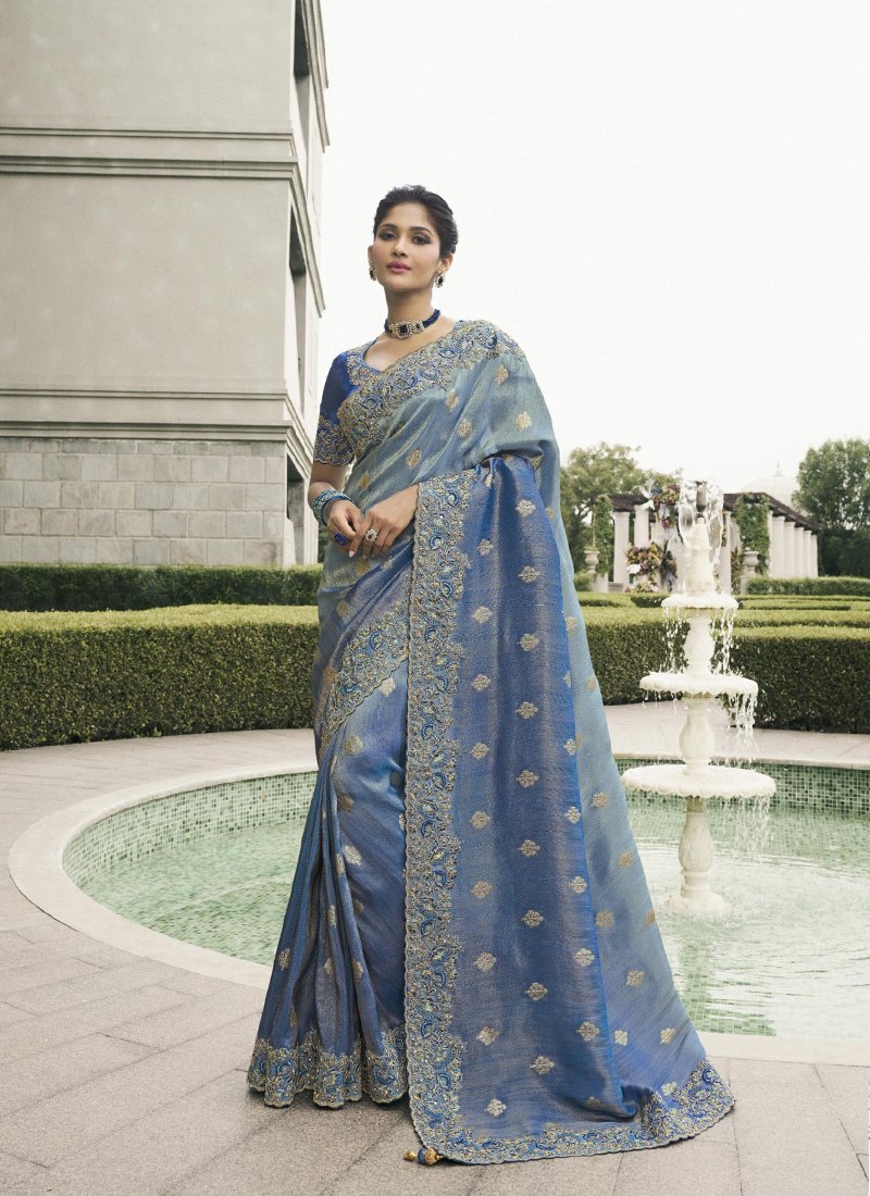 Stylish zari woven tissue silk saree in royal blue