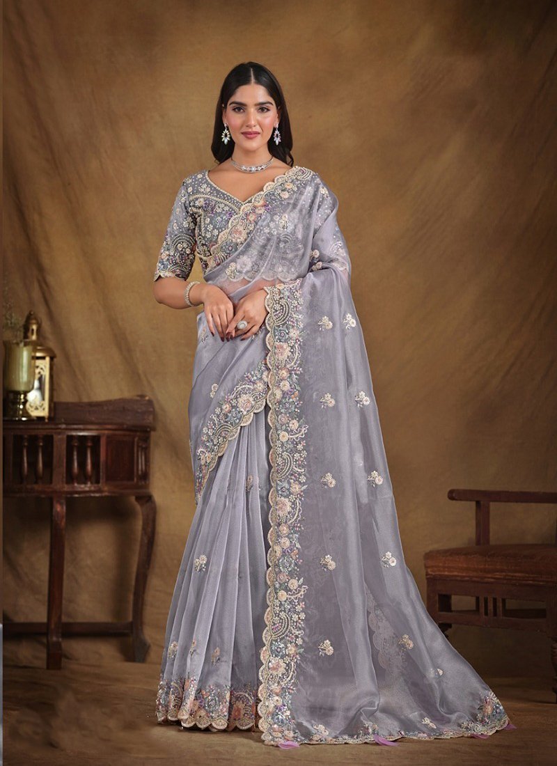 Exquisite mirror embroidered organza silk saree in purple