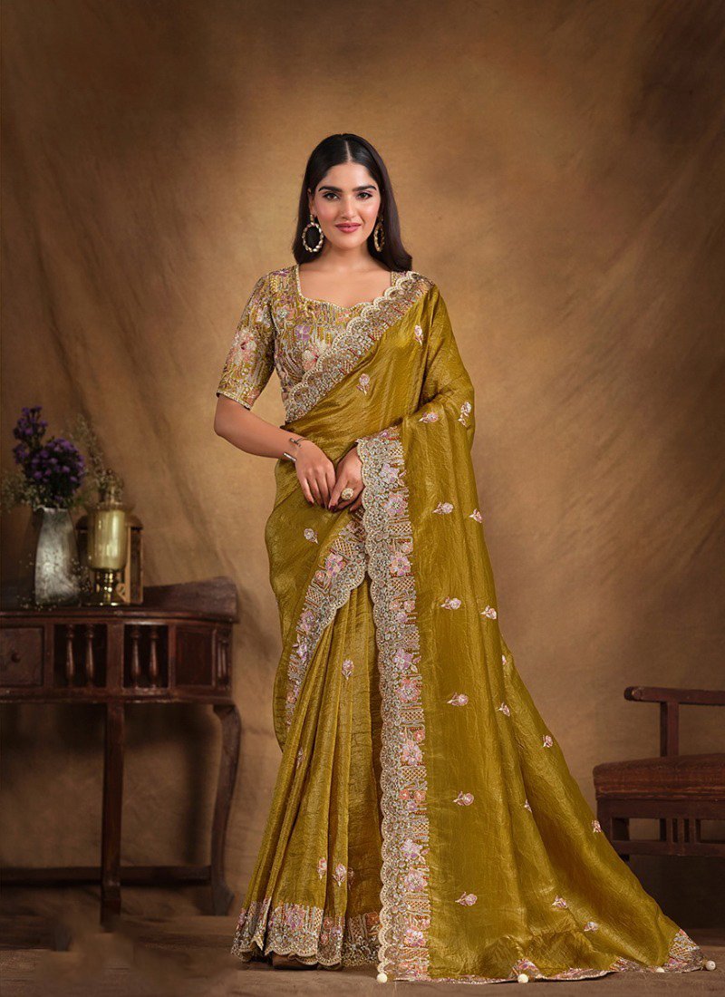 Exquisite mirror embroidered organza silk saree in mustard