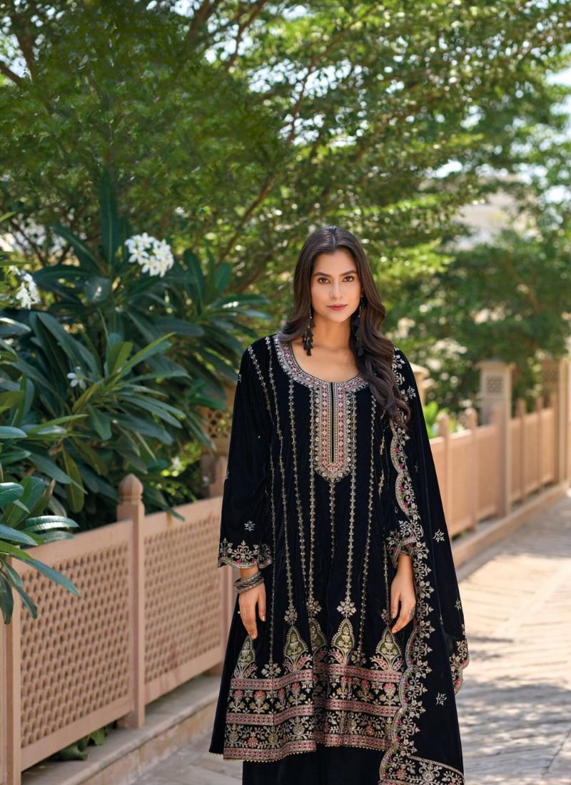 Trendy Velvet Kurta palazzo set in black