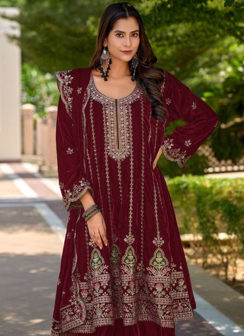 Trendy Velvet Kurta palazzo set in Maroon