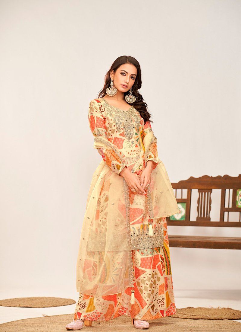 Stunning heavy embroidered premium chinon palazzo suit in cream