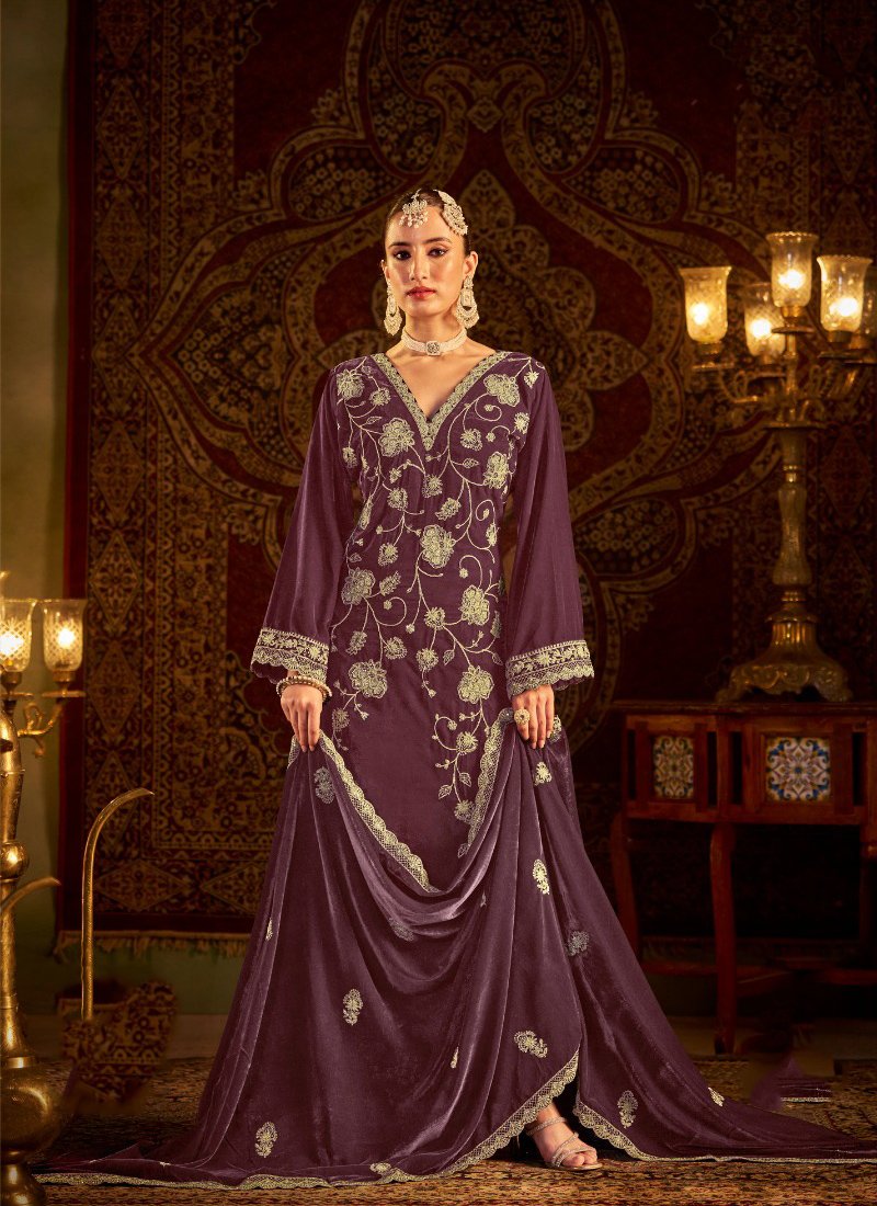 Beautiful floral embroidered pure velvet pant suit in purple