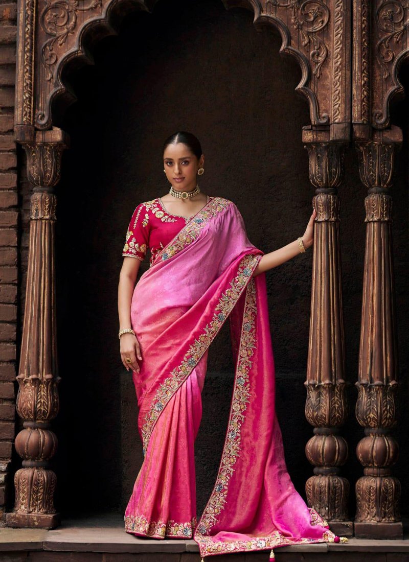 Designer zari embroidered viscose tissue saree in dark pink