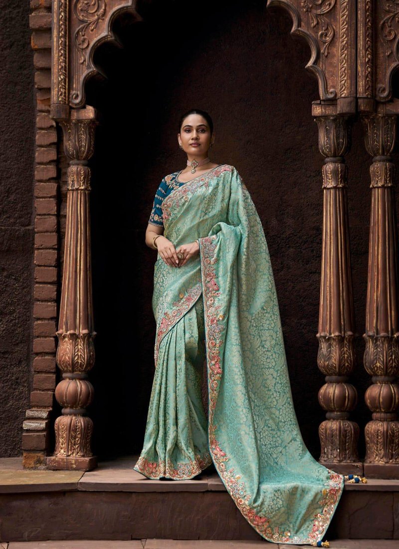 Designer zari embroidered viscose tissue saree in light blue