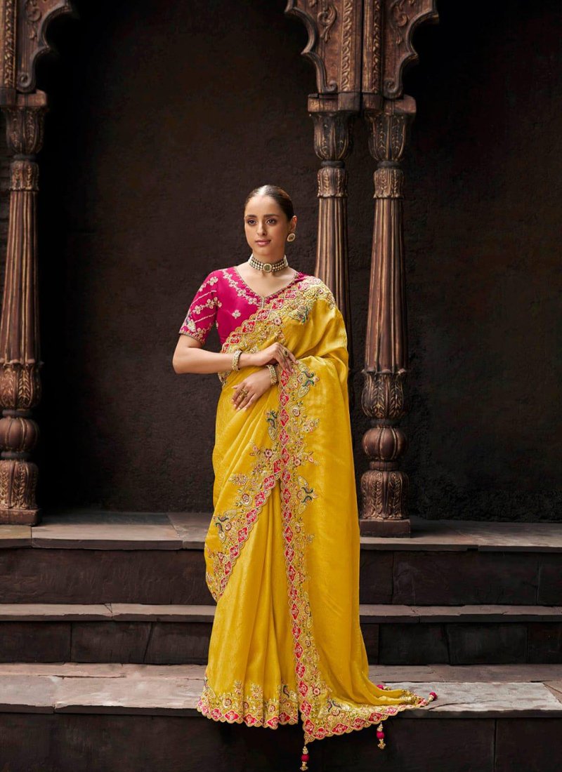 Designer zari embroidered viscose tissue saree in yellow