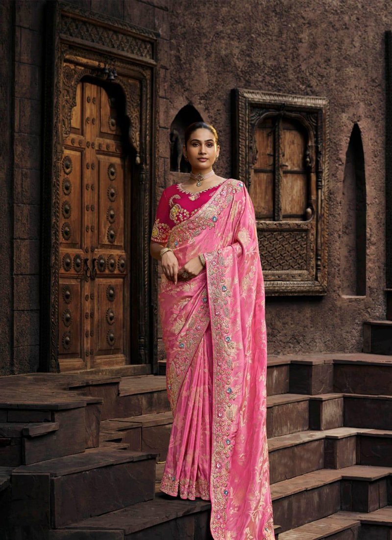 Designer zari embroidered viscose tissue saree in pink