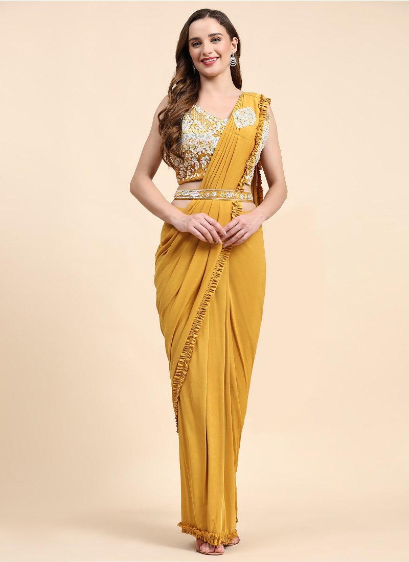 Beautifully hand embroidered satin saree in yellow