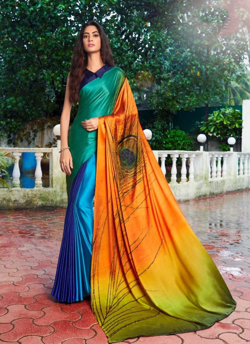 Trendy hand printed satin silk saree in green