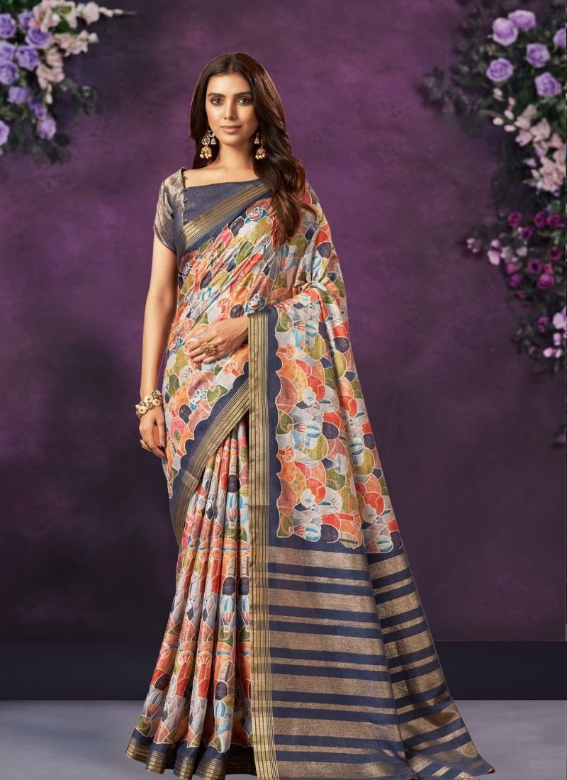 Digital Print Work Trendy Silk Saree in dark blue