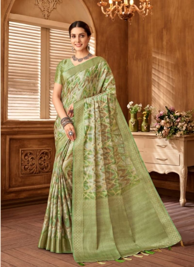 Beautiful jacquard printed silk saree in light green