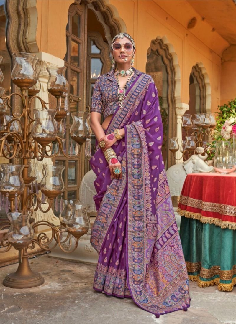 Traditional floral printed soft silk saree in purple