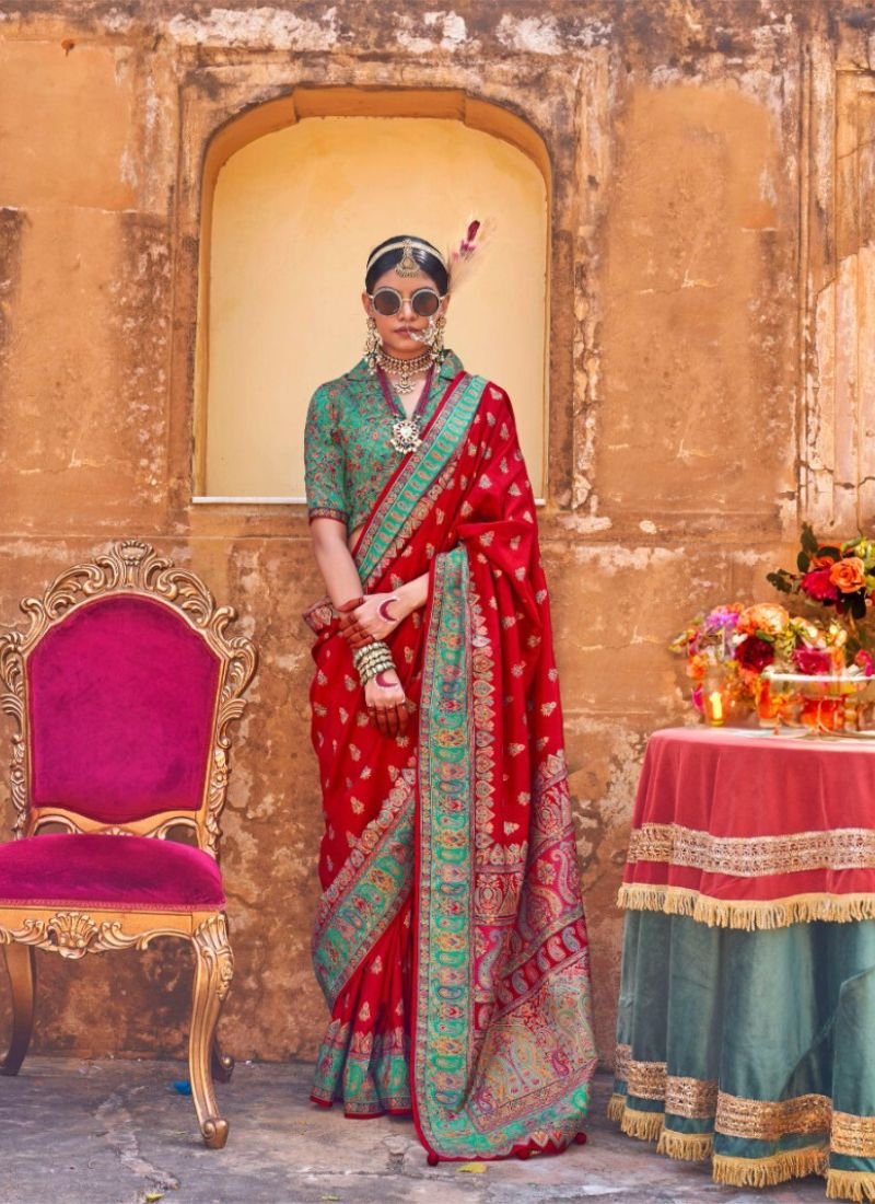 Traditional floral printed soft silk saree in red