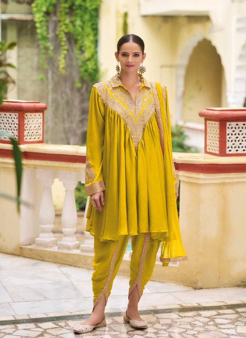 Designer thread embroidered pure chinon salwar suit in yellow