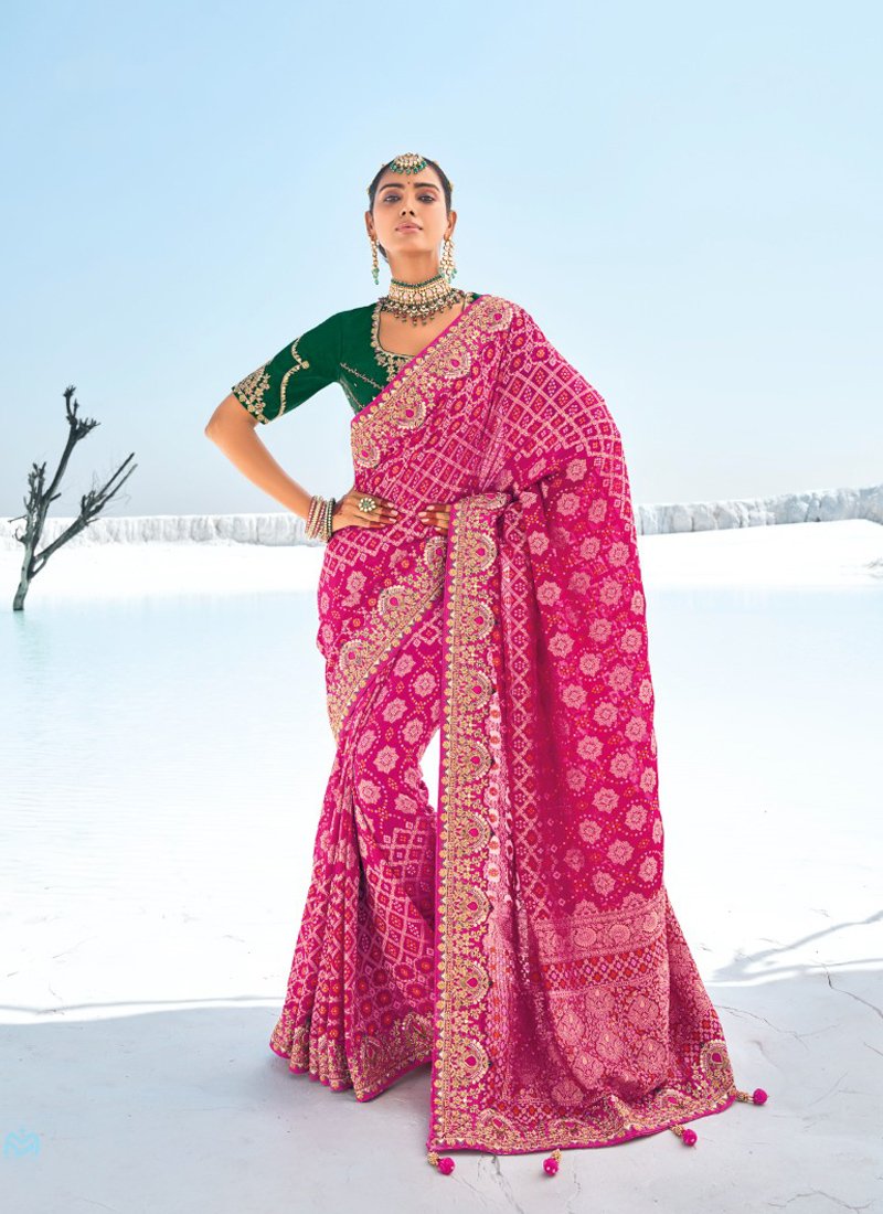 Beautiful bandani printed pure georgette saree in magenta pink