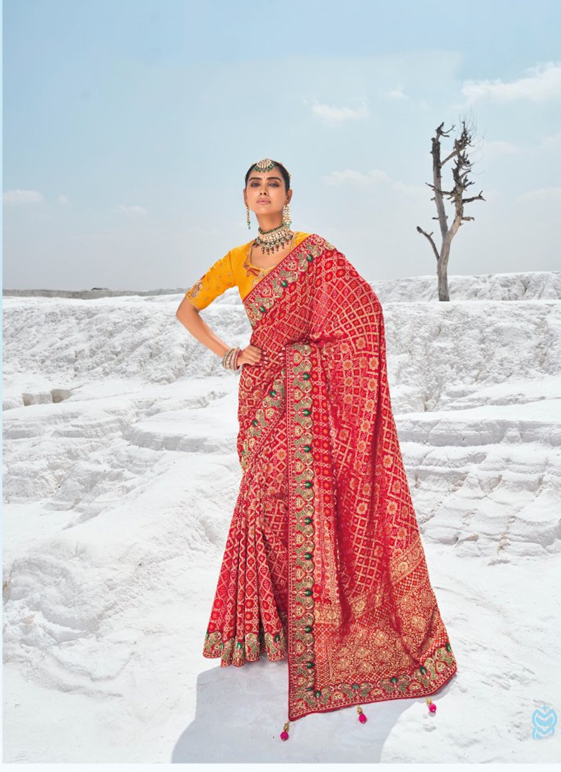 Beautiful bandani printed pure georgette saree in red