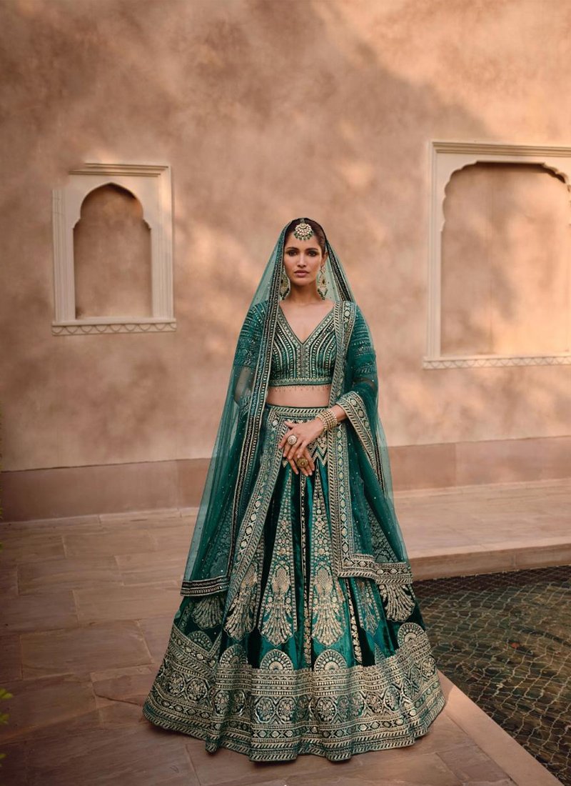 Designer hand-embroidered pure viscose lehenga in dark green