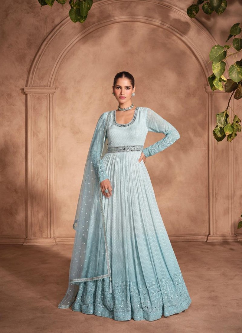 Designer heavy chikankari embroidered Anarkali suit in sky blue