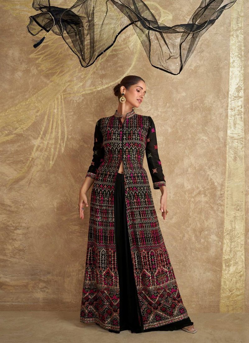 Stylish heavy embroidered georgette anarkali suit with palazzo in black