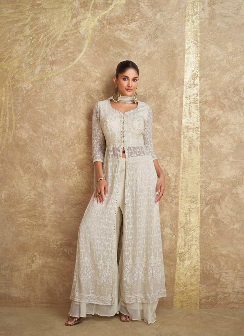 Stylish heavy embroidered georgette anarkali suit with palazzo in white