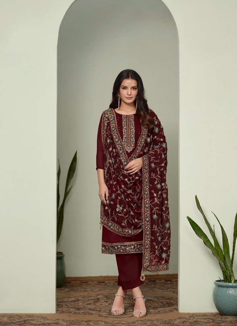 Exquisite heavy embroidered silk georgette pant suit in maroon