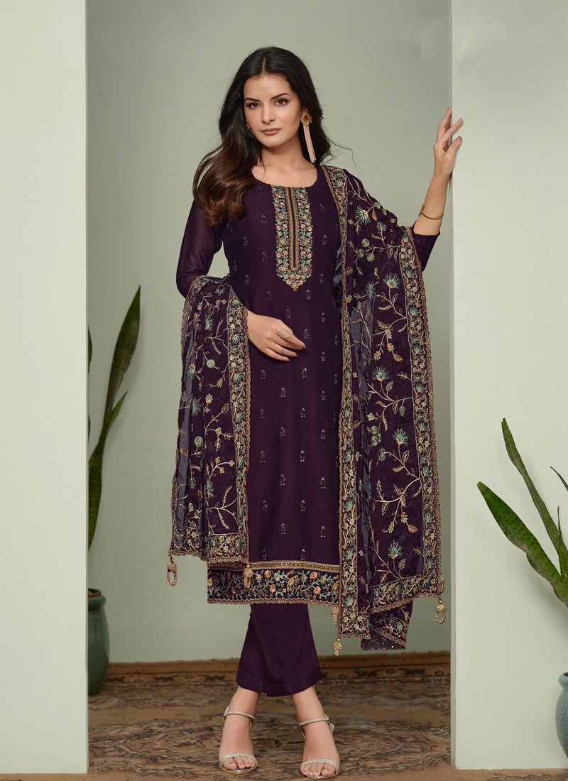 Exquisite heavy embroidered silk georgette pant suit in wine