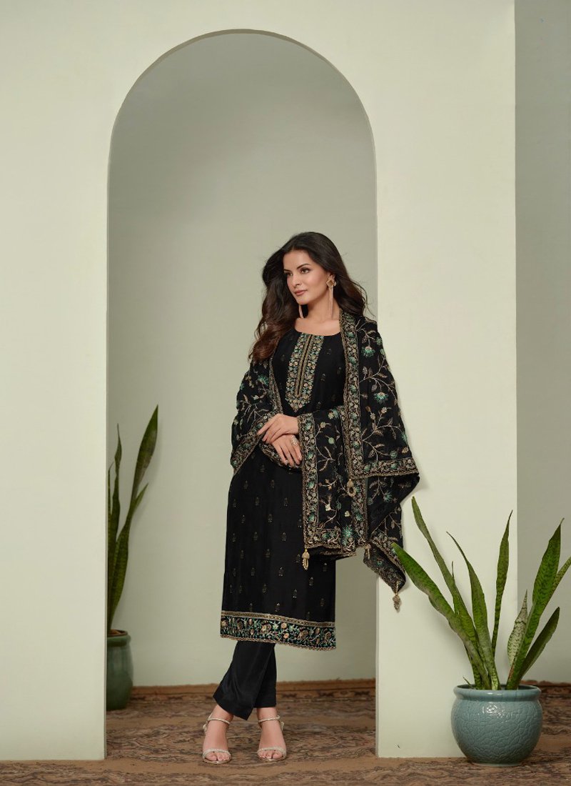 Exquisite heavy embroidered silk georgette pant suit in black