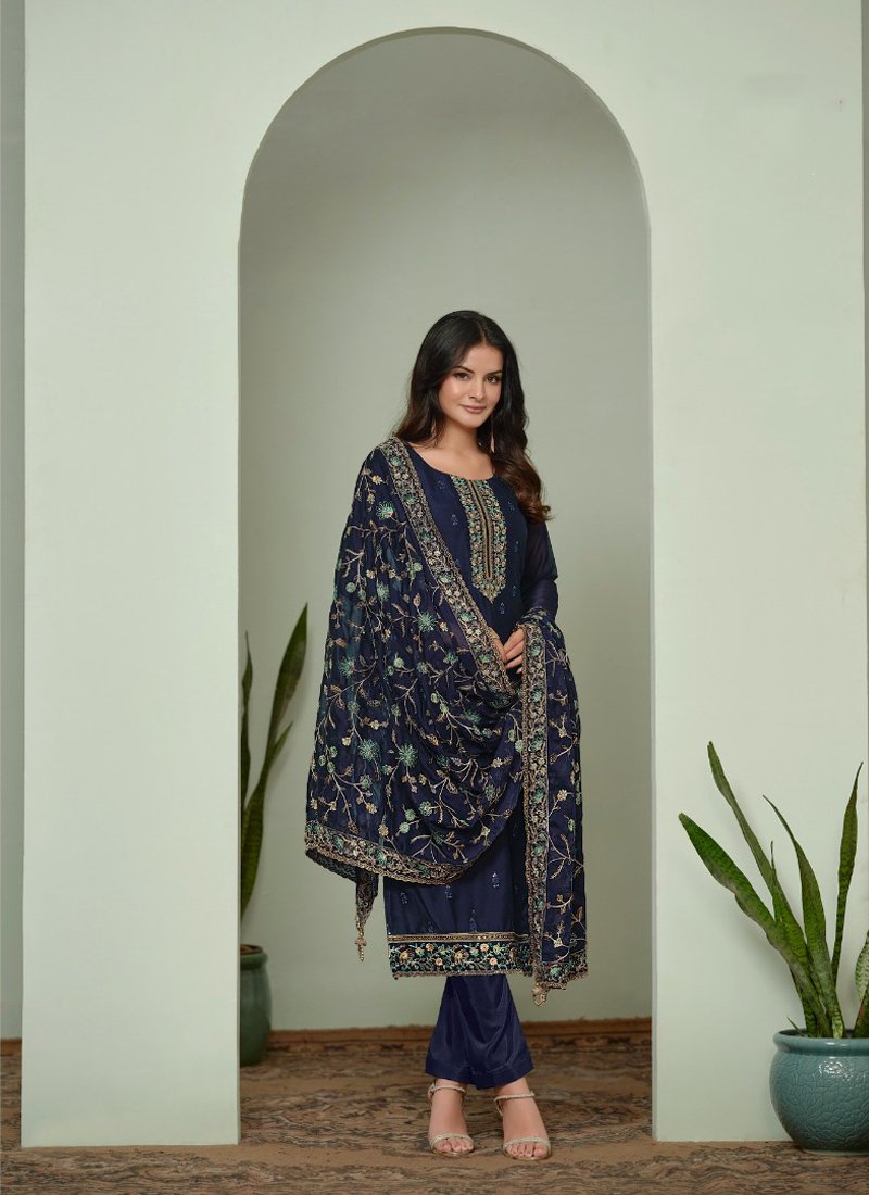 Exquisite heavy embroidered silk georgette pant suit in dark blue