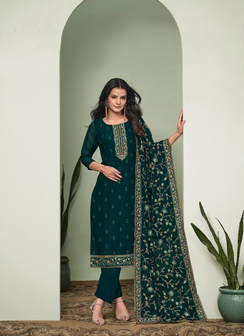 Exquisite heavy embroidered silk georgette pant suit in dark green