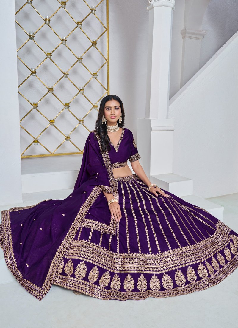 Premium golden thread embroidered art silk lehenga in purple