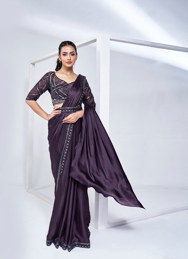 Designer hand embroidered satin silk saree in violet