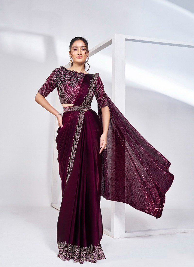 Designer hand embroidered satin silk saree in wine