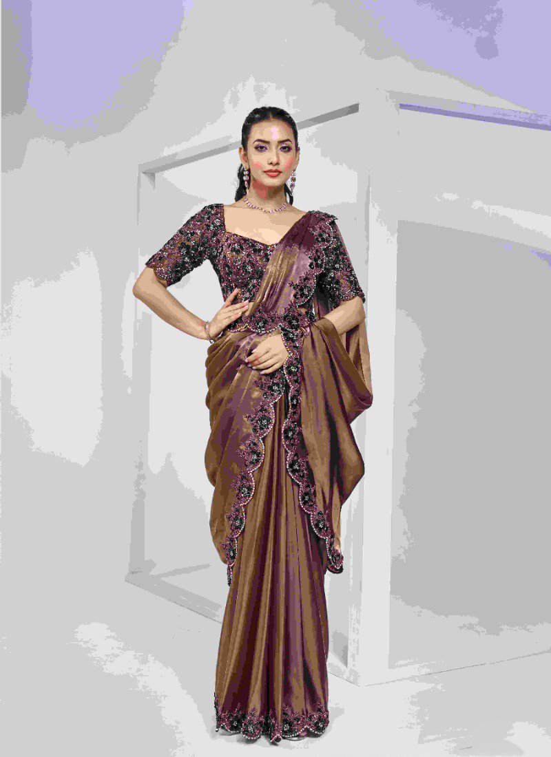 Designer hand embroidered satin silk saree in brown