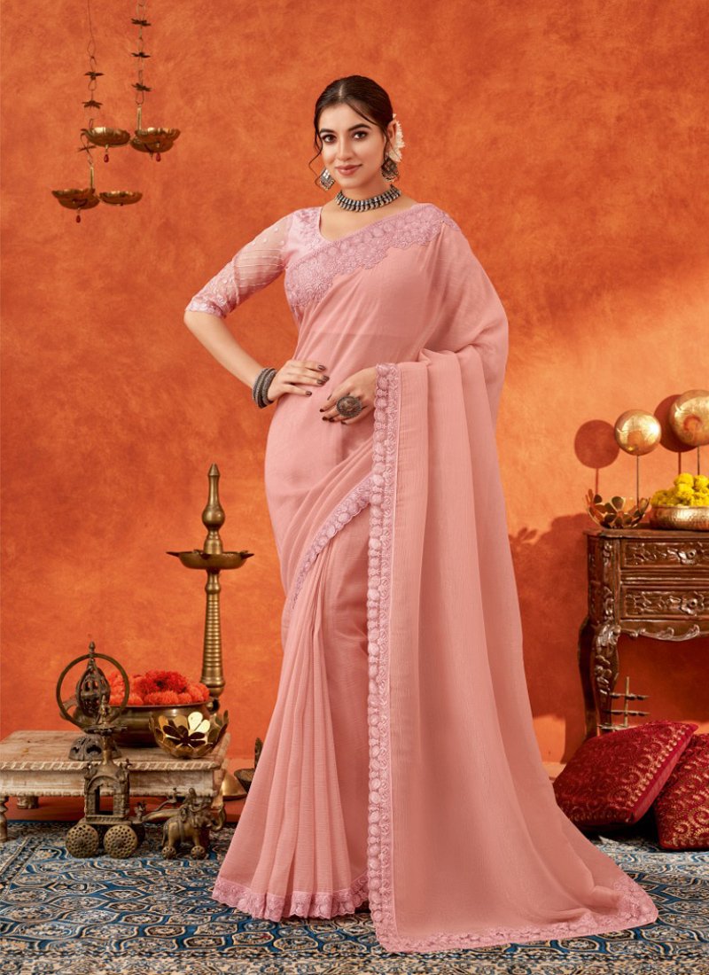 Beautifully crafted chiffon saree in baby pink