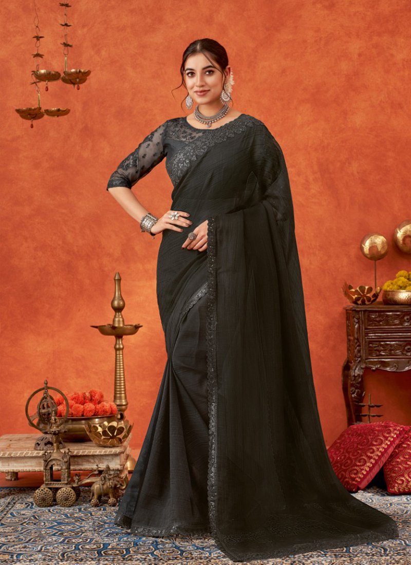 Beautifully crafted chiffon saree in black