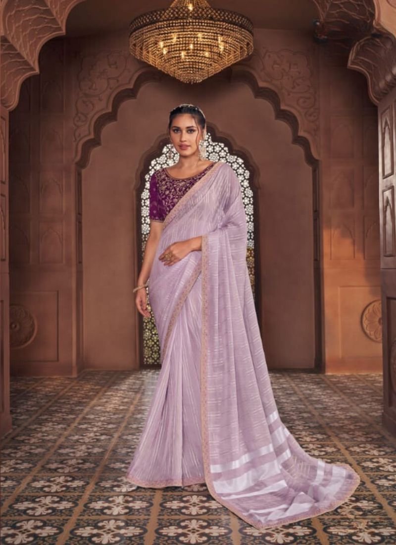 Stunning embroidered satin organza saree in light purple