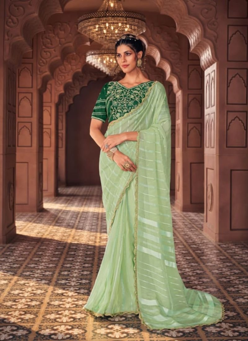 Stunning embroidered satin organza saree in green