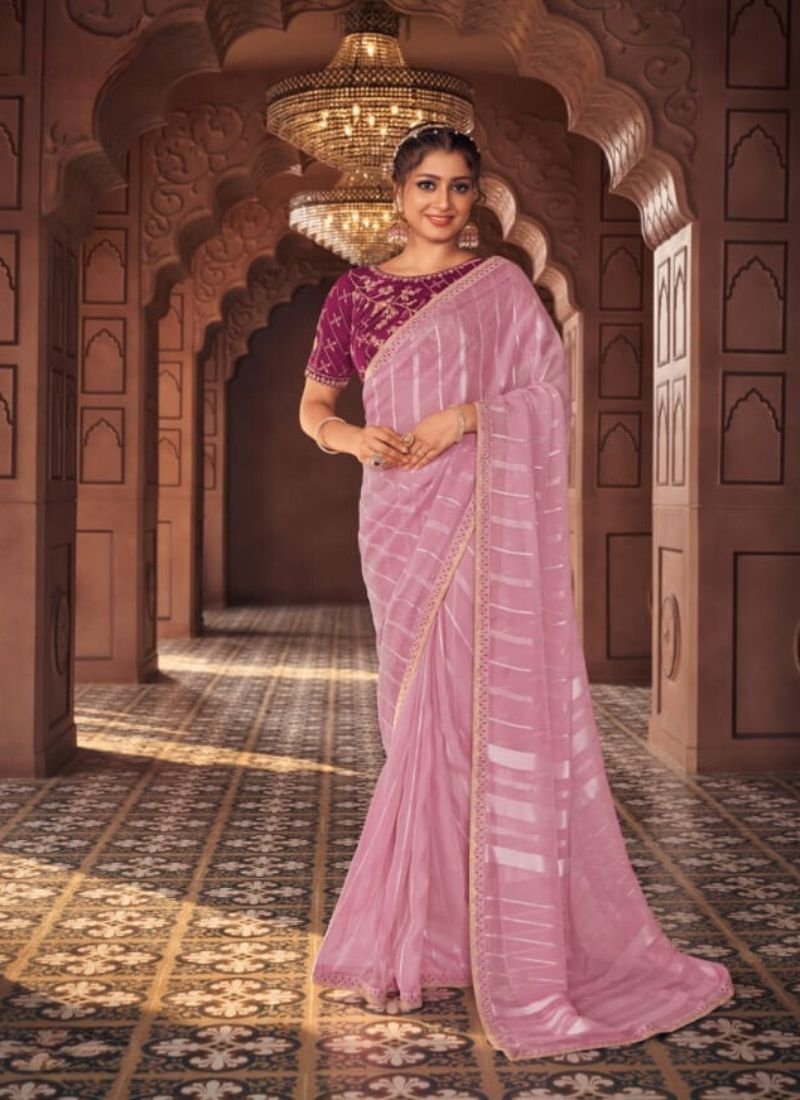 Stunning embroidered satin organza saree in pink