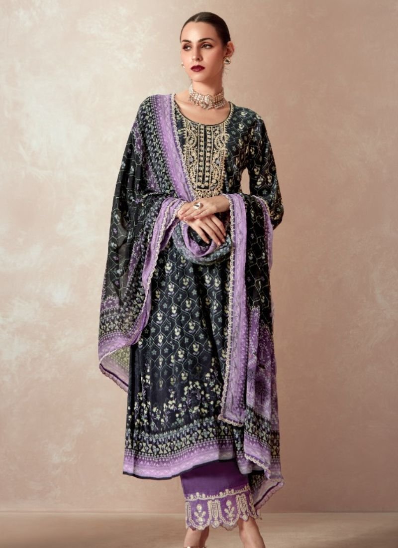 Designer digital printed pure muslin pant suit in purple