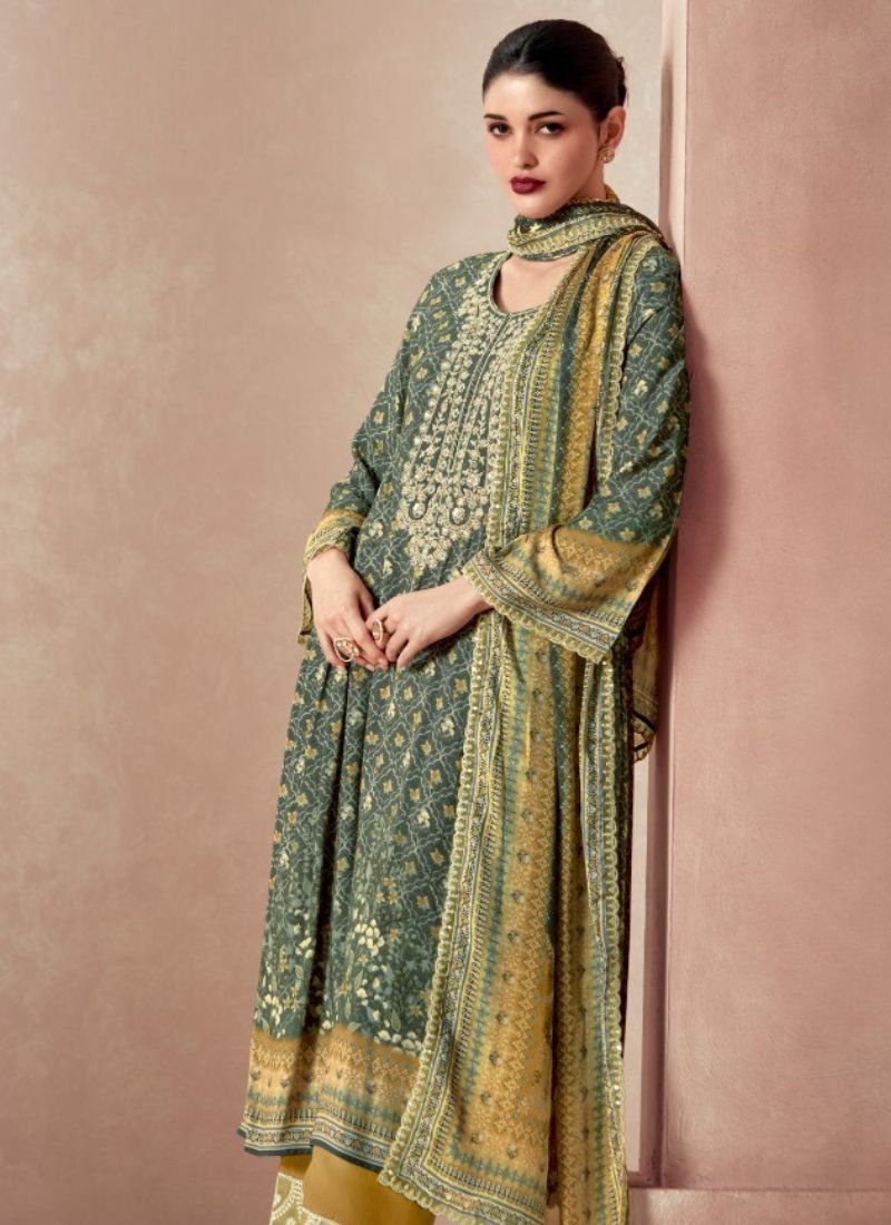 Designer digital printed pure muslin pant suit in light green