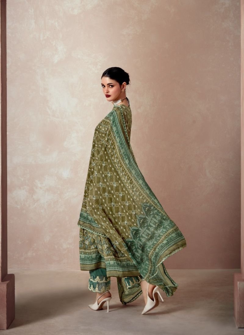 Designer digital printed pure muslin pant suit in dark green