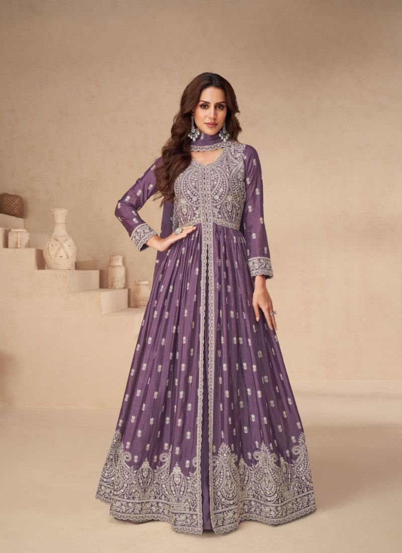 Beautifully embroidered chinon silk anarkali suit in purple