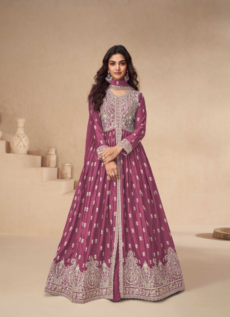 Beautifully embroidered chinon silk anarkali suit in pink