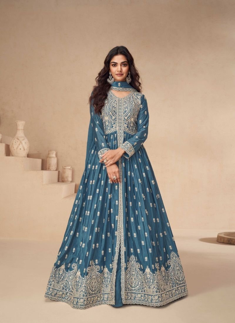 Beautifully embroidered chinon silk anarkali suit in blue