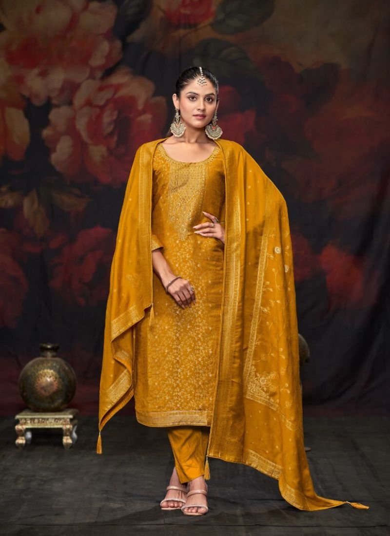 Stylish jacquard printed viscose pashmina pant suit in mustar̥d yellow