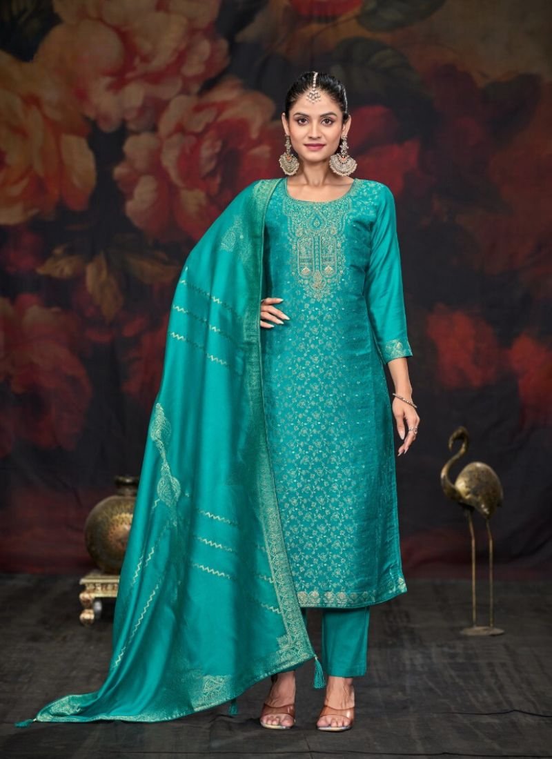 Stylish jacquard printed viscose pashmina pant suit in pastel green