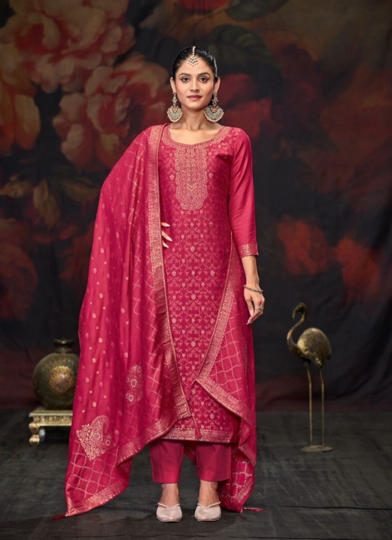 Stylish jacquard printed viscose pashmina pant suit in pink